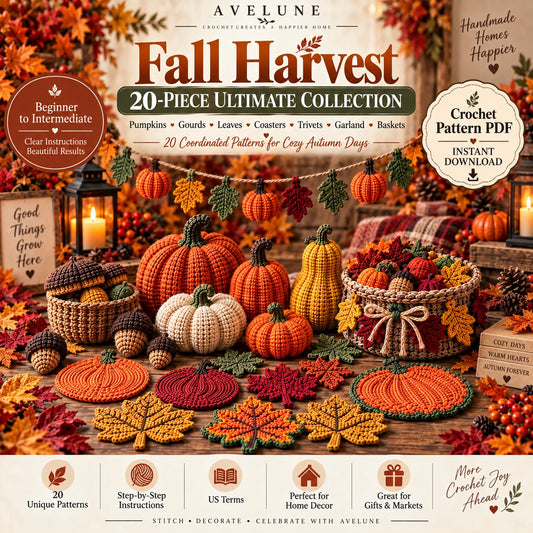 Fall Harvest 20-Piece Crochet Pattern Bundle PDF | Pumpkins, Leaves, Acorns & Autumn Decor