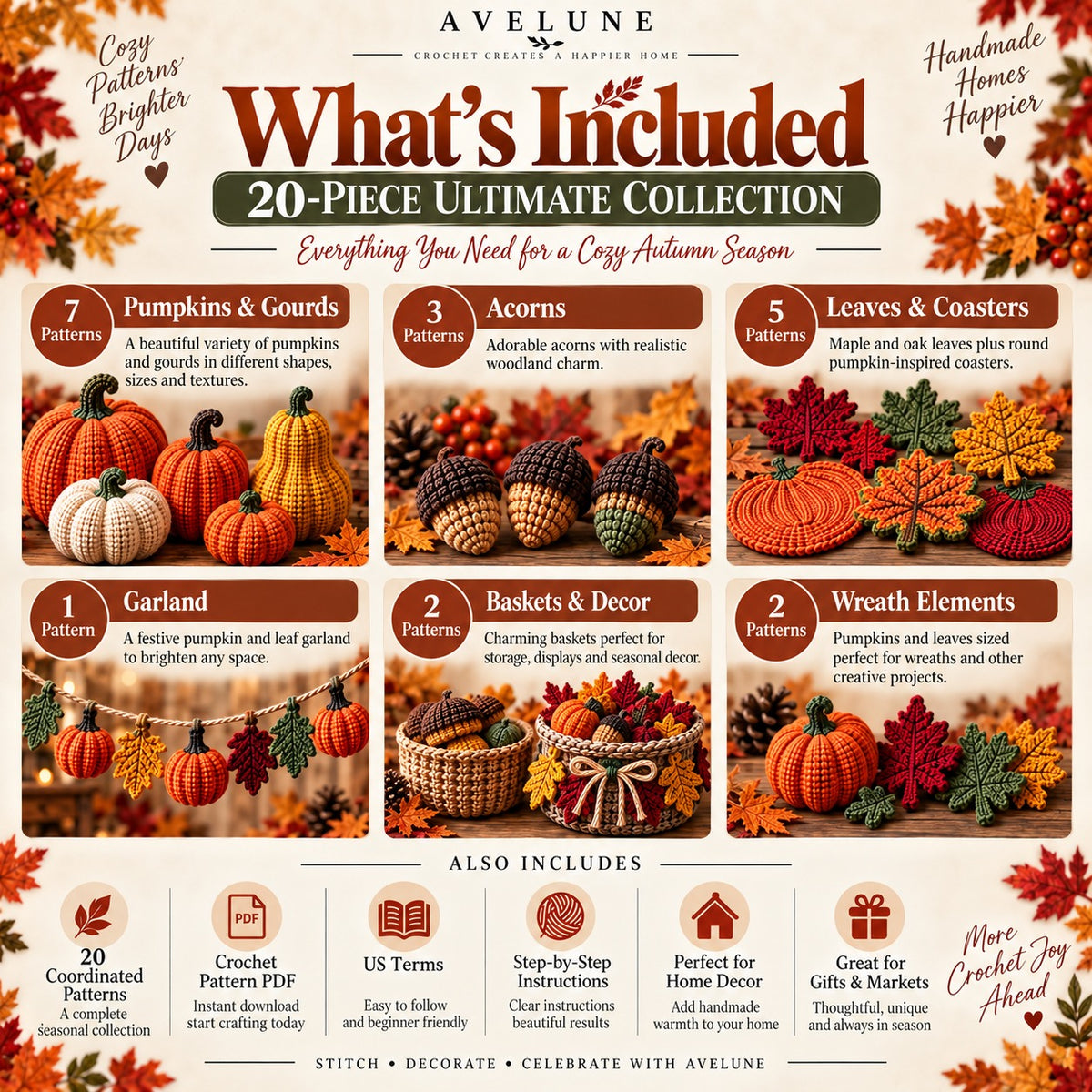 Fall Harvest 20-Piece Crochet Pattern Bundle PDF | Pumpkins, Leaves, Acorns & Autumn Decor