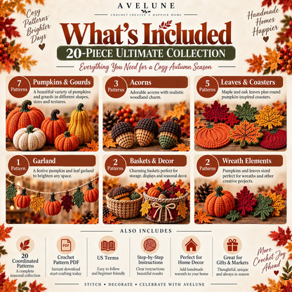 Fall Harvest 20-Piece Crochet Pattern Bundle PDF | Pumpkins, Leaves, Acorns & Autumn Decor