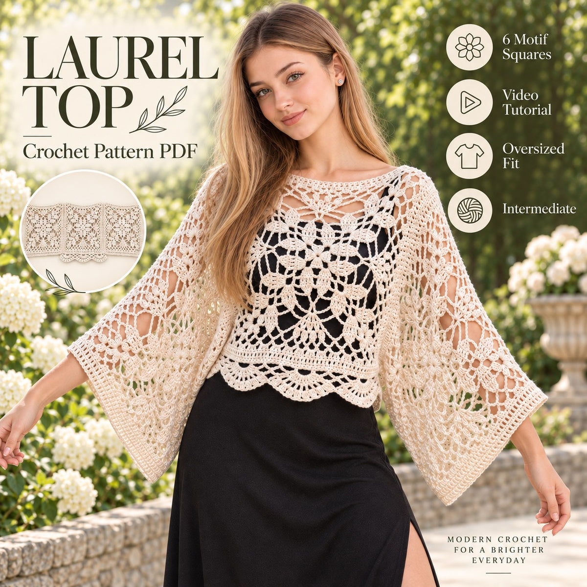 Laurel Lace Motif Top Crochet Pattern PDF | 6-Square Oversized Top