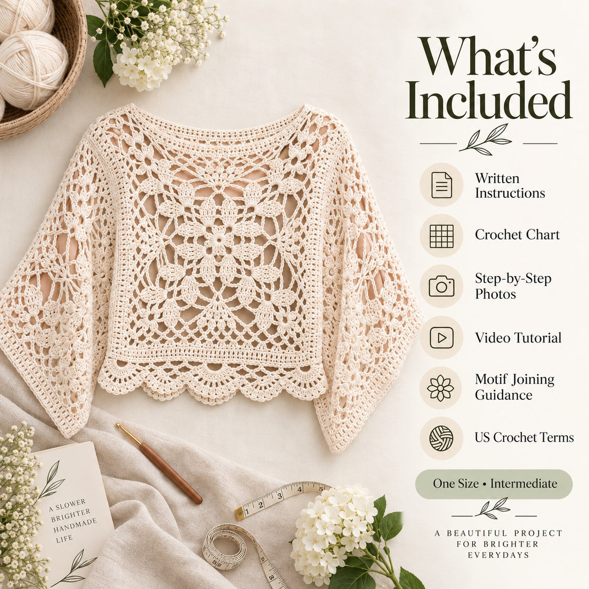 Laurel Lace Motif Top Crochet Pattern PDF | 6-Square Oversized Top