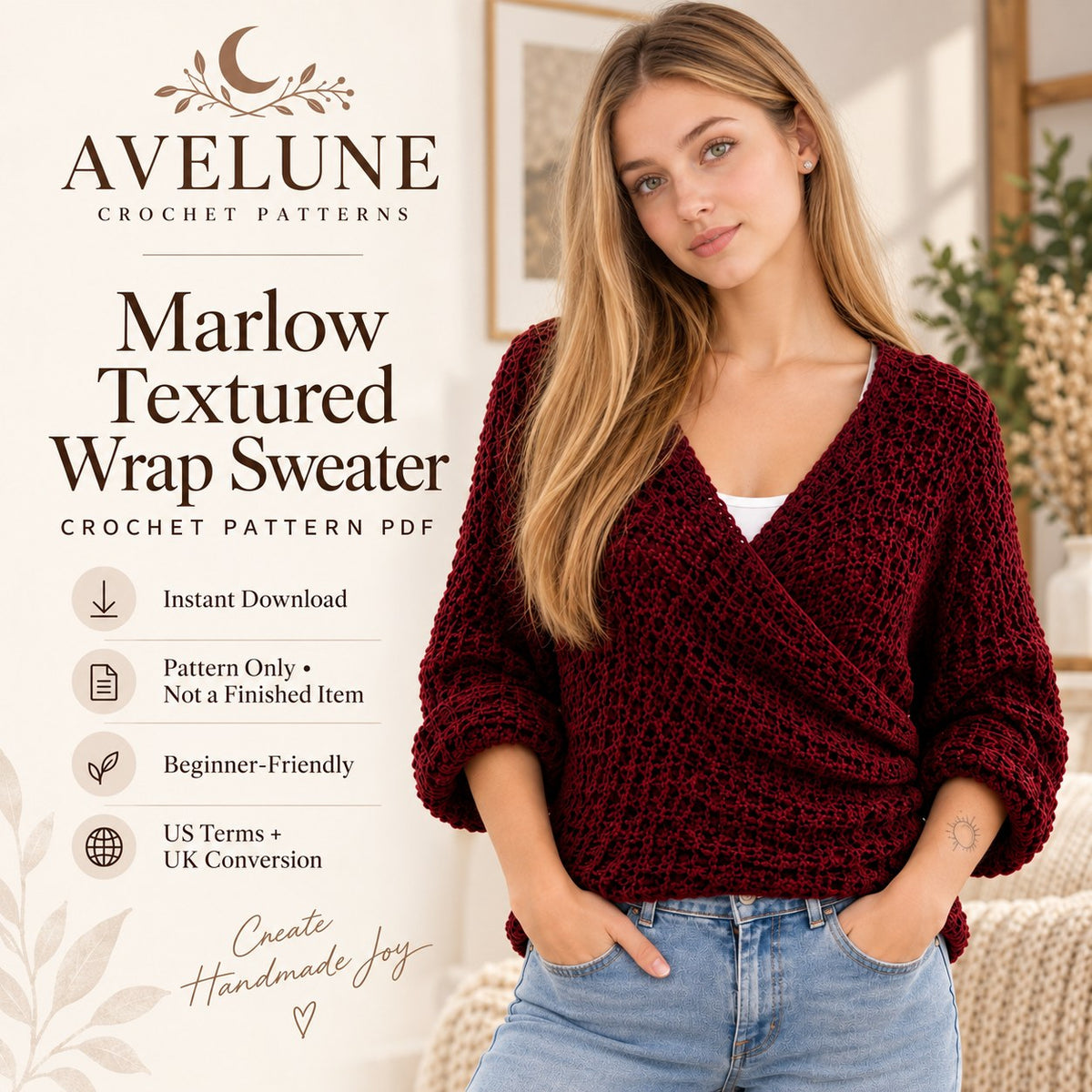 Marlow Textured Wrap Sweater Crochet Pattern PDF