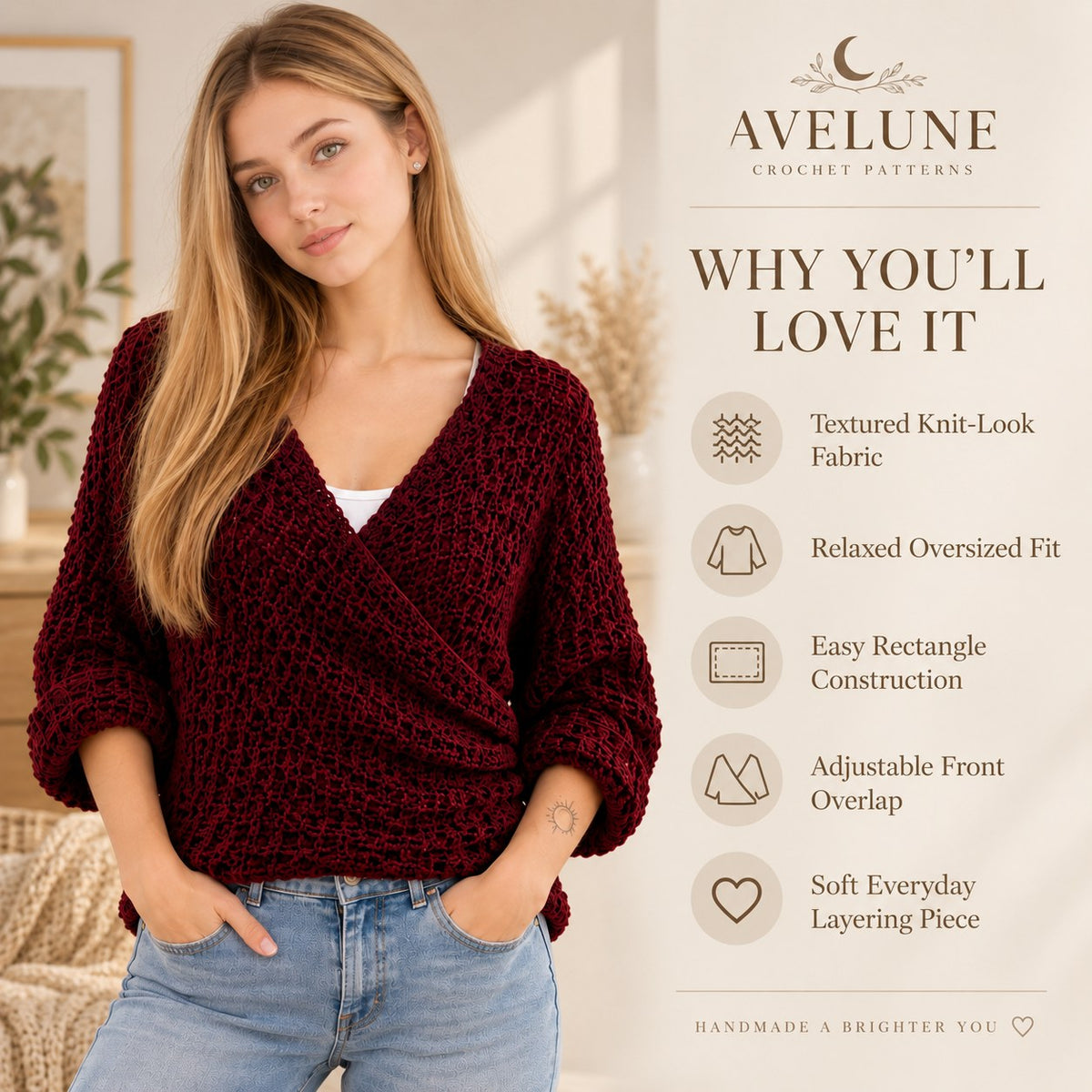 Marlow Textured Wrap Sweater Crochet Pattern PDF