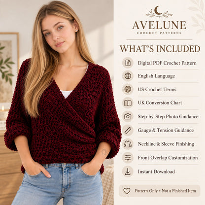 Marlow Textured Wrap Sweater Crochet Pattern PDF