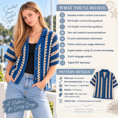 Pebble & Salt Crochet Button-Up Shirt Pattern PDF | Unisex Summer Top