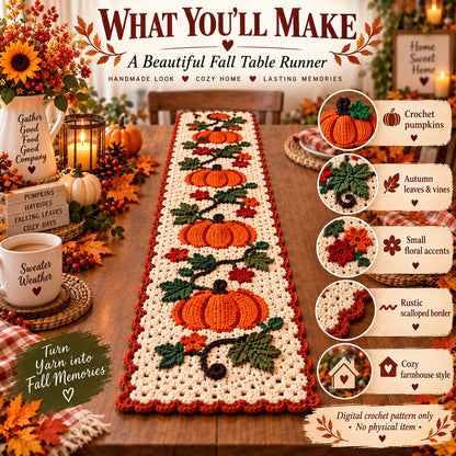 Pumpkin Table Runner Crochet Pattern PDF – Fall & Thanksgiving Table Decor