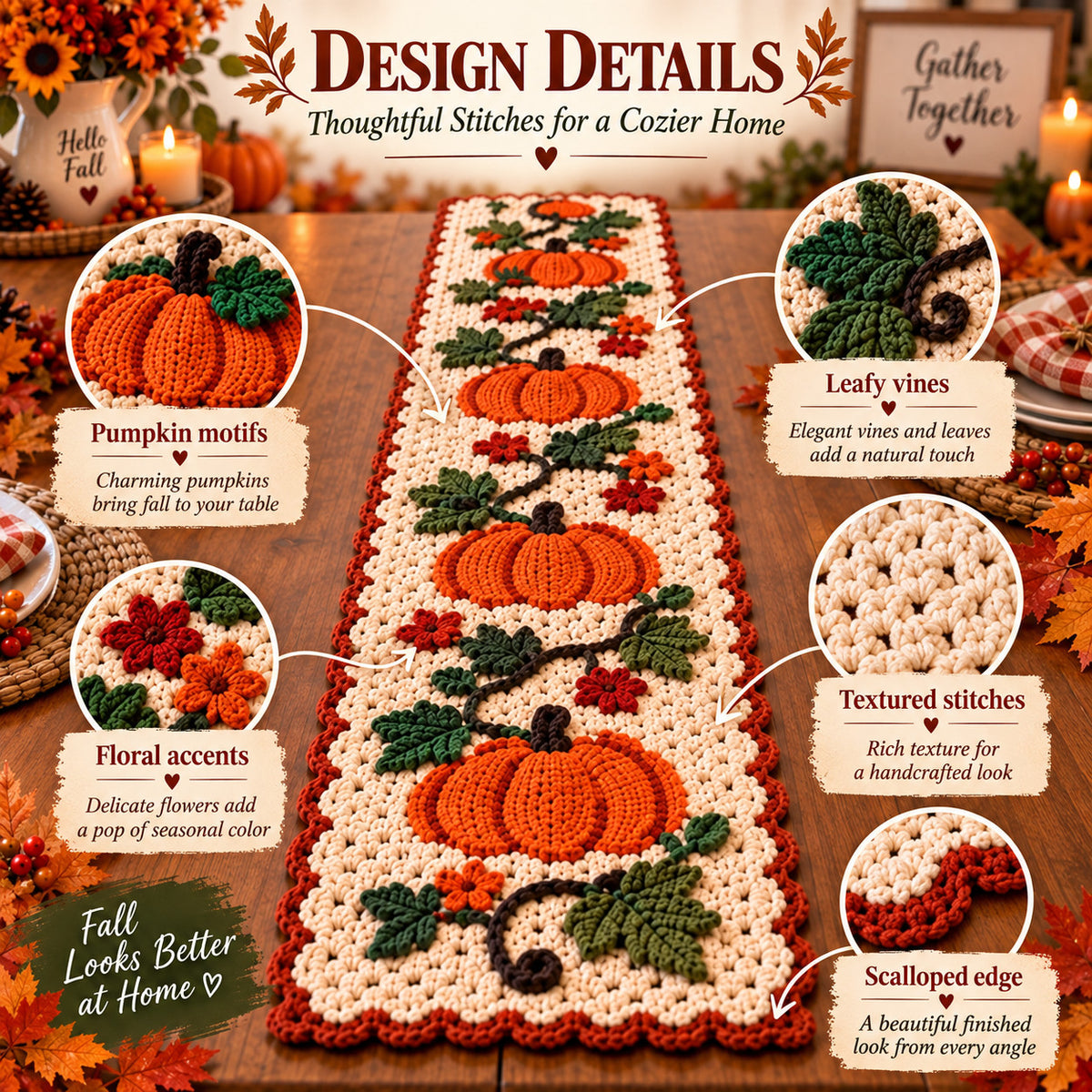 Pumpkin Table Runner Crochet Pattern PDF – Fall & Thanksgiving Table Decor