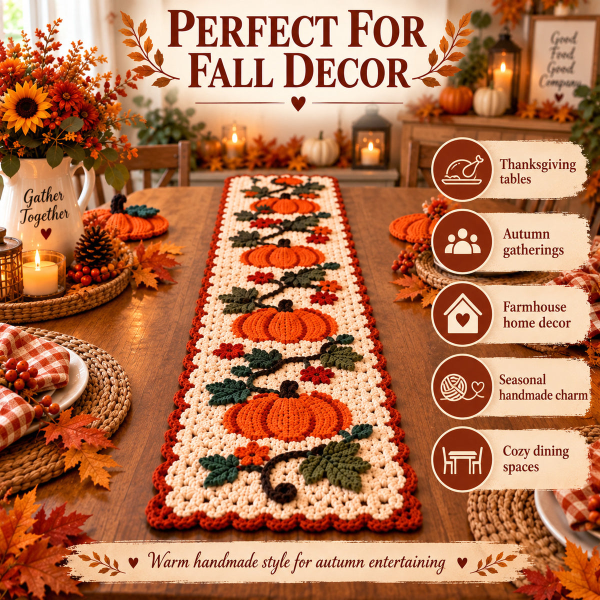 Pumpkin Table Runner Crochet Pattern PDF – Fall & Thanksgiving Table Decor