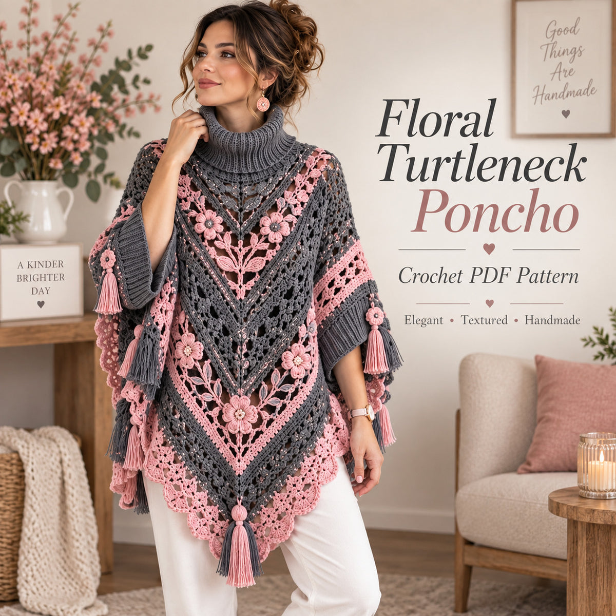 Floral Crochet Poncho Pattern PDF, Turtleneck Flower Poncho with Tasse