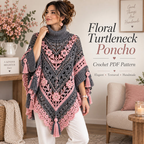 Floral Crochet Poncho Pattern PDF, Turtleneck Flower Poncho with Tassels, Boho Crochet Garment Pattern