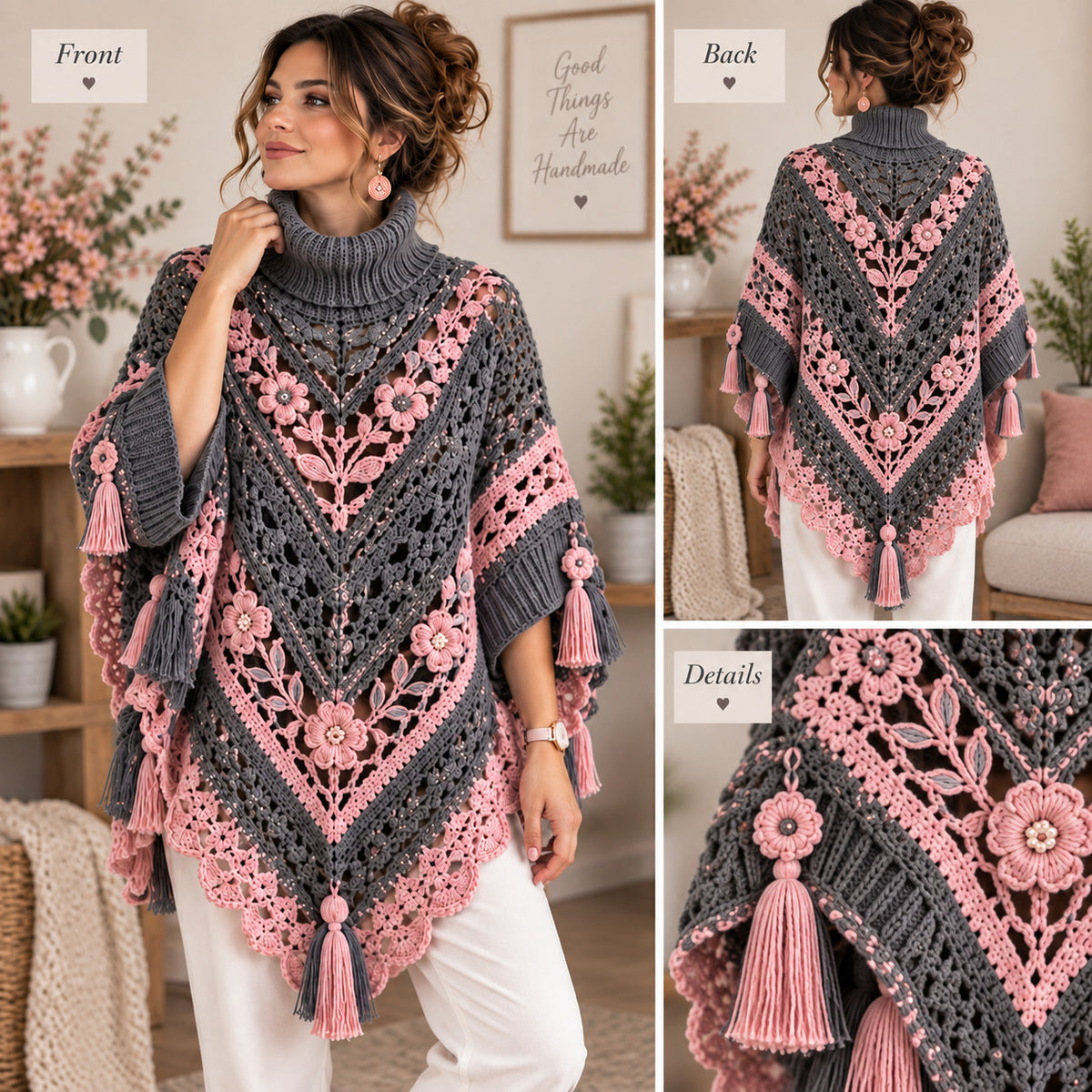 Floral Crochet Poncho Pattern PDF, Turtleneck Flower Poncho with Tassels, Boho Crochet Garment Pattern