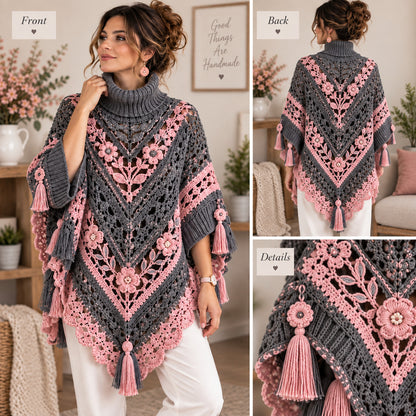 Floral Crochet Poncho Pattern PDF, Turtleneck Flower Poncho with Tassels, Boho Crochet Garment Pattern