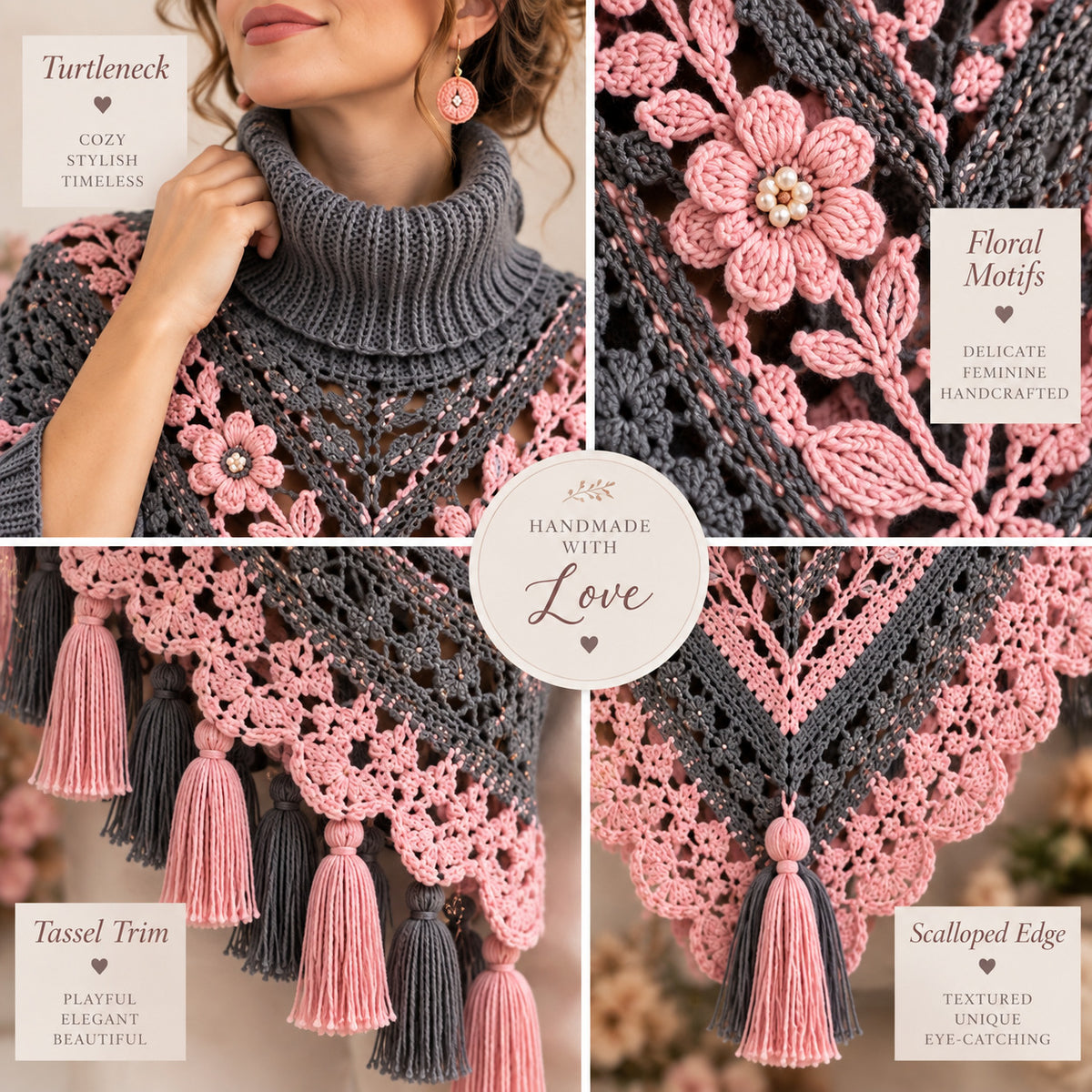 Floral Crochet Poncho Pattern PDF, Turtleneck Flower Poncho with Tassels, Boho Crochet Garment Pattern
