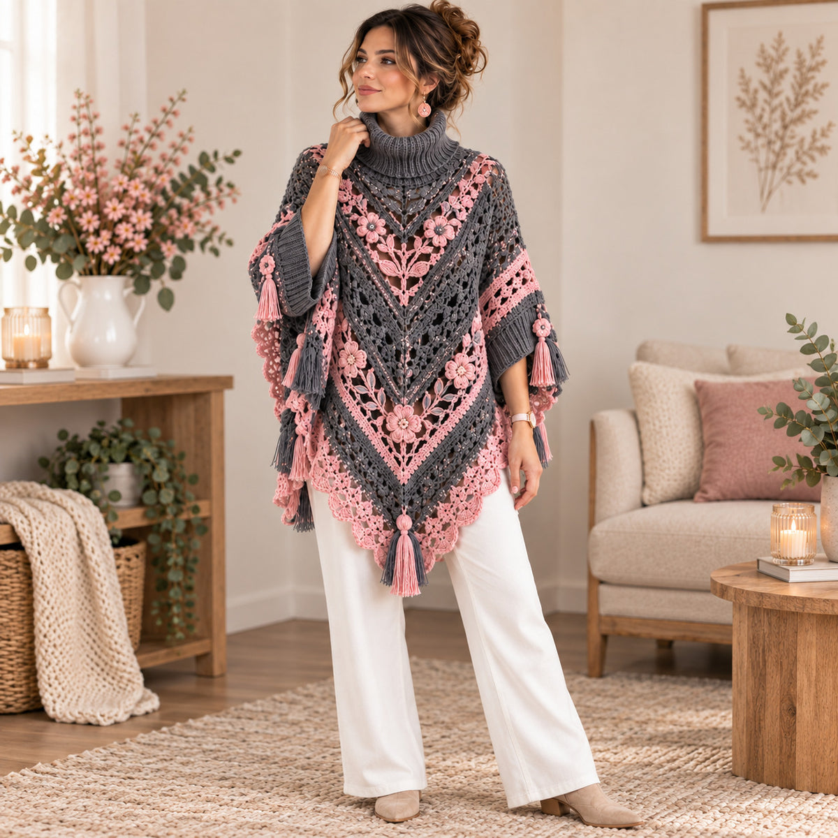 Floral Crochet Poncho Pattern PDF, Turtleneck Flower Poncho with Tassels, Boho Crochet Garment Pattern