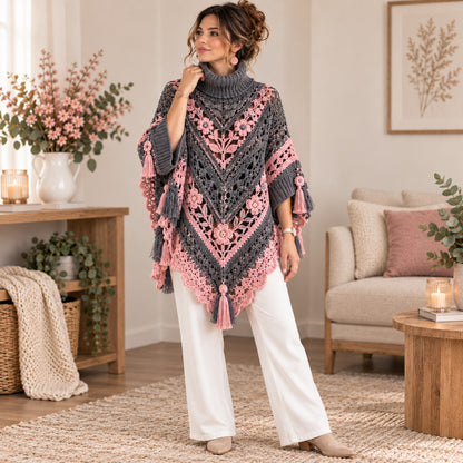Floral Crochet Poncho Pattern PDF, Turtleneck Flower Poncho with Tassels, Boho Crochet Garment Pattern