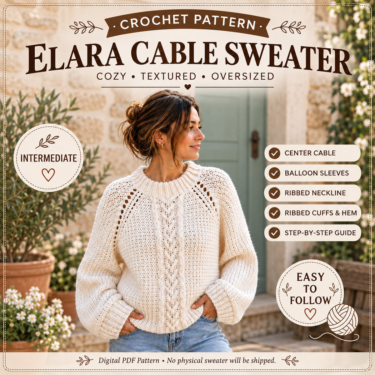 Elara Cable Sweater Crochet Pattern PDF – Oversized Cable Pullover, Balloon Sleeve Sweater, Women’s Crochet Pattern