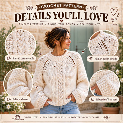 Elara Cable Sweater Crochet Pattern PDF – Oversized Cable Pullover, Balloon Sleeve Sweater, Women’s Crochet Pattern