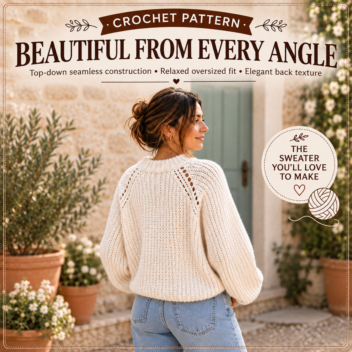 Elara Cable Sweater Crochet Pattern PDF – Oversized Cable Pullover, Balloon Sleeve Sweater, Women’s Crochet Pattern