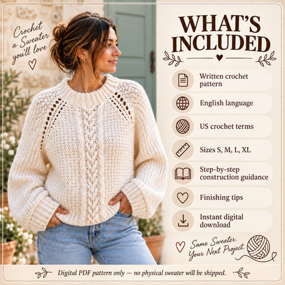 Elara Cable Sweater Crochet Pattern PDF – Oversized Cable Pullover, Balloon Sleeve Sweater, Women’s Crochet Pattern
