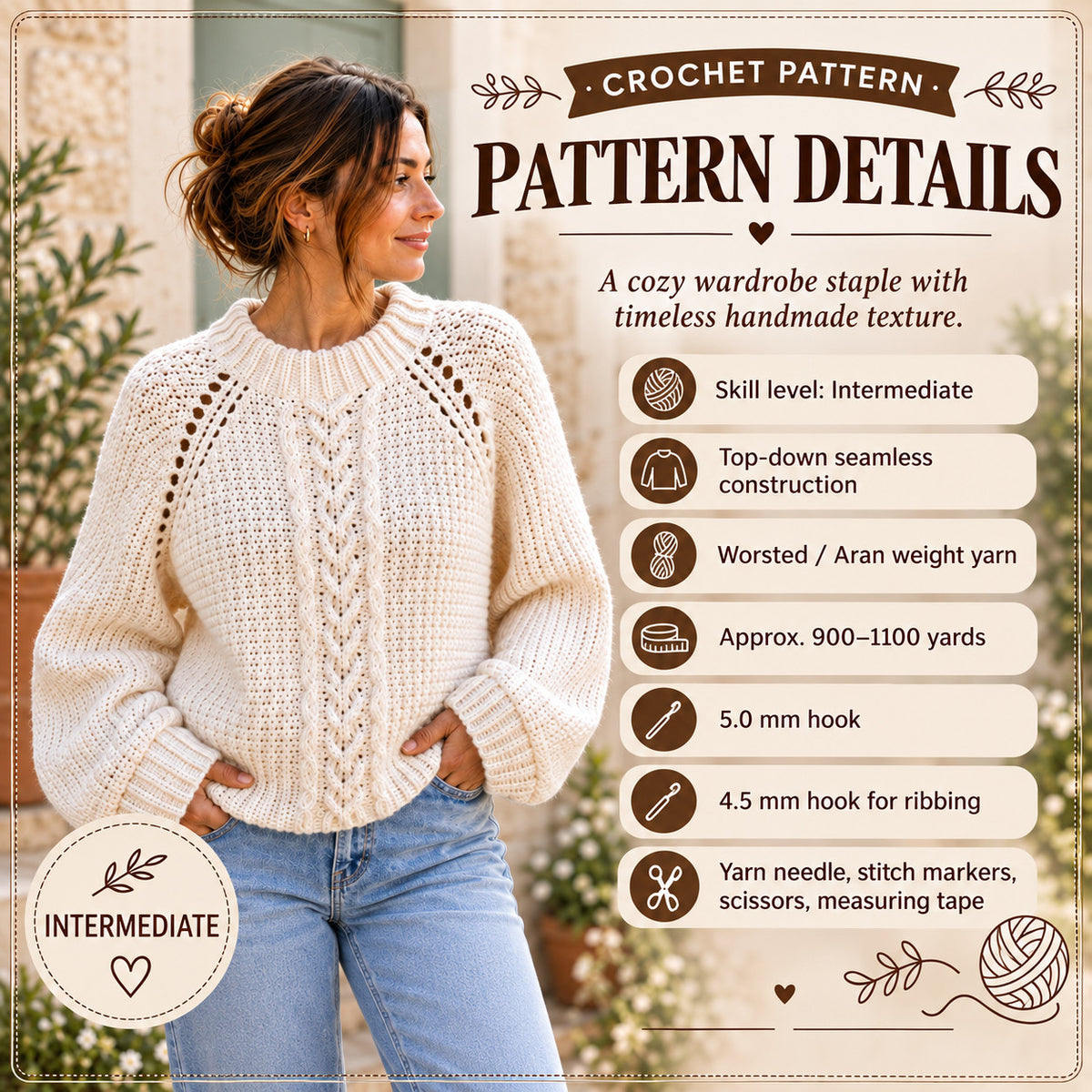 Elara Cable Sweater Crochet Pattern PDF – Oversized Cable Pullover, Balloon Sleeve Sweater, Women’s Crochet Pattern