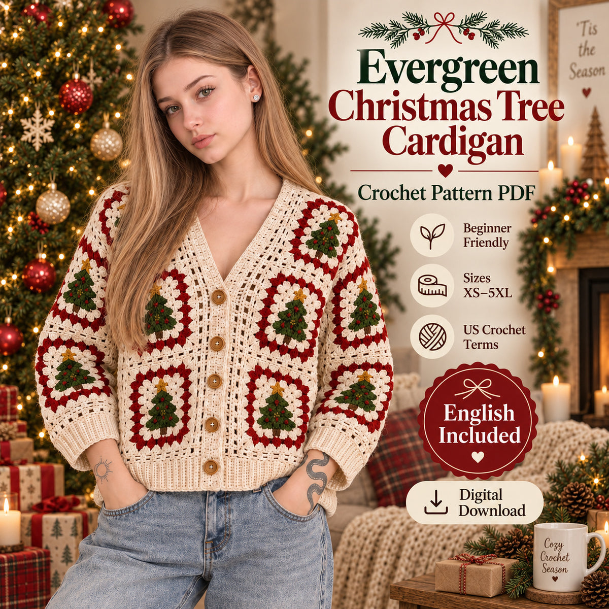 Christmas Tree Granny Square Cardigan Crochet Pattern PDF | XS–5XL | Beginner Friendly