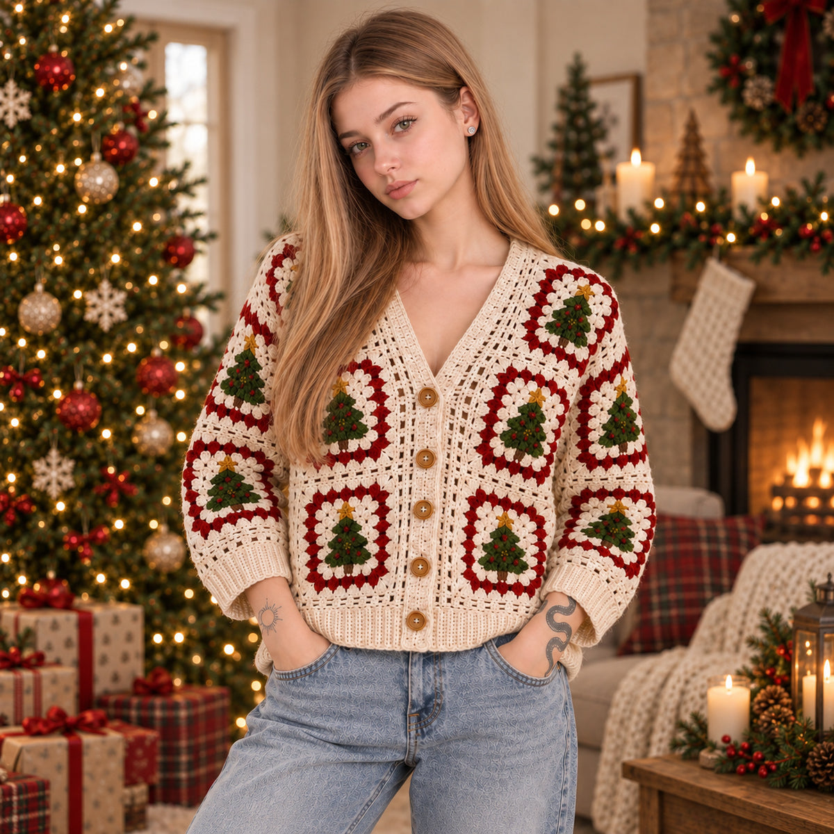 Christmas Tree Granny Square Cardigan Crochet Pattern PDF | XS–5XL | Beginner Friendly