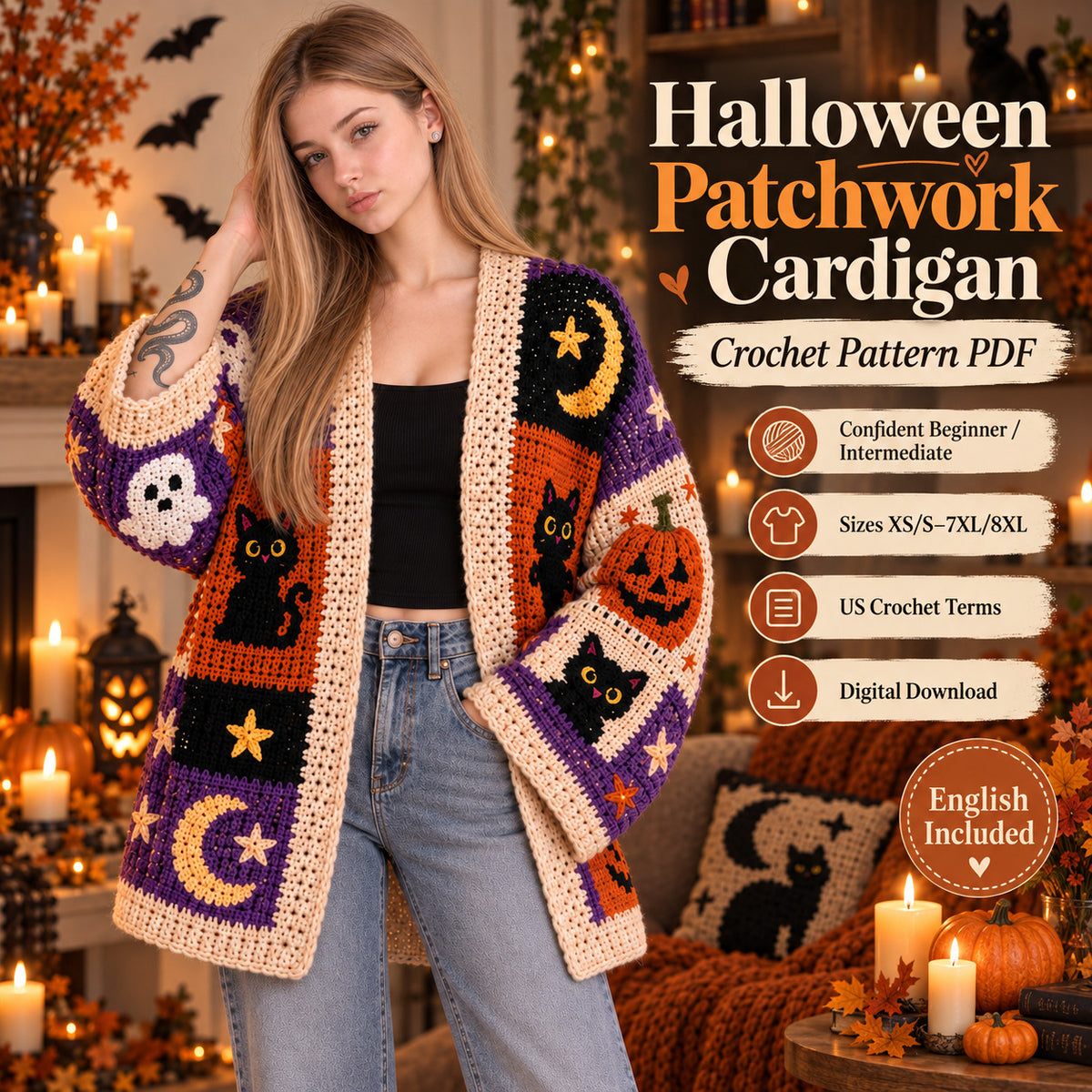 Halloween Crochet Patchwork Cardigan Pattern PDF – Spooky Cat, Ghost, Pumpkin & Witch Cardigan