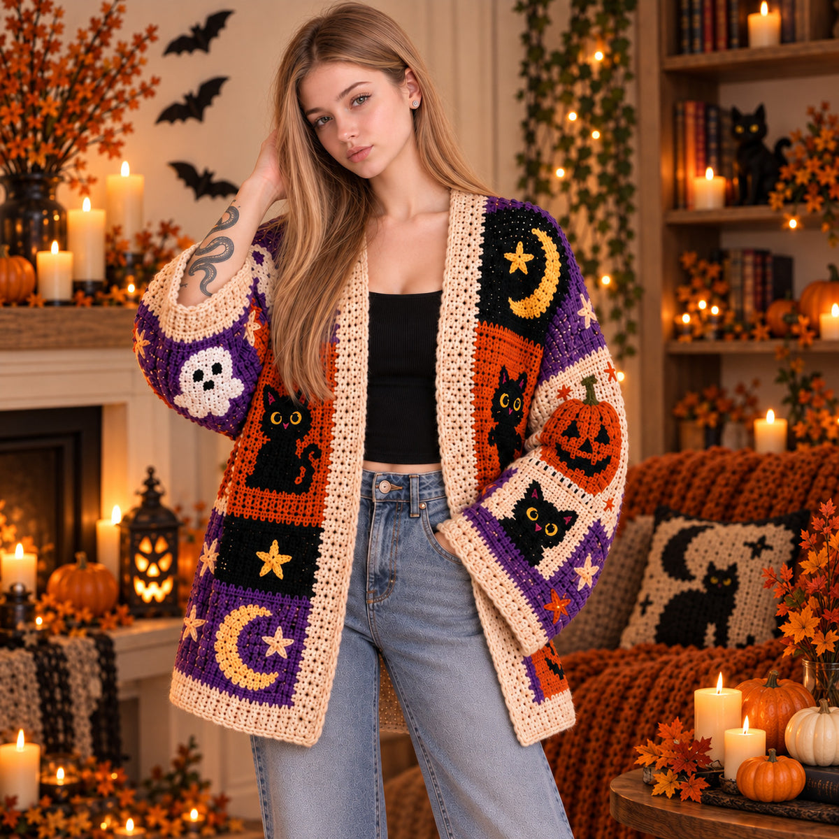 Halloween Crochet Patchwork Cardigan Pattern PDF – Spooky Cat, Ghost, Pumpkin & Witch Cardigan