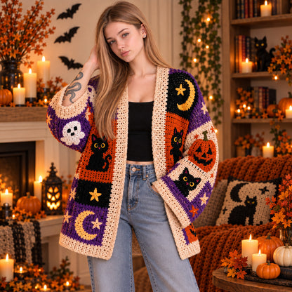 Halloween Crochet Patchwork Cardigan Pattern PDF – Spooky Cat, Ghost, Pumpkin & Witch Cardigan