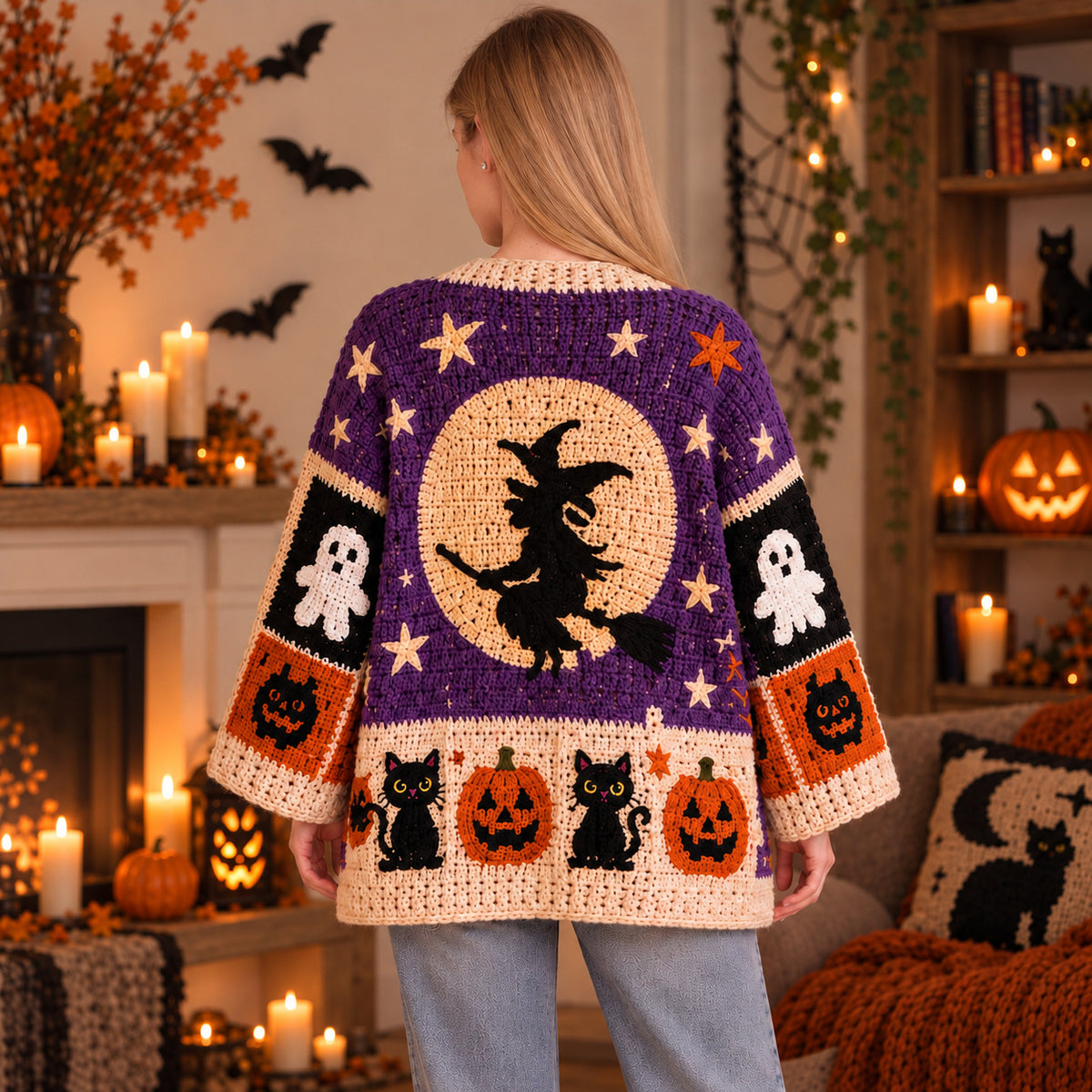 Halloween Crochet Patchwork Cardigan Pattern PDF – Spooky Cat, Ghost, Pumpkin & Witch Cardigan