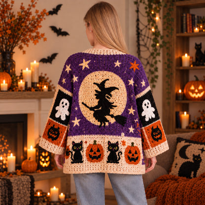 Halloween Crochet Patchwork Cardigan Pattern PDF – Spooky Cat, Ghost, Pumpkin & Witch Cardigan