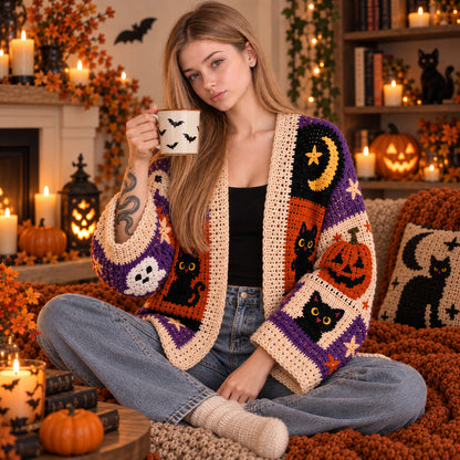 Halloween Crochet Patchwork Cardigan Pattern PDF – Spooky Cat, Ghost, Pumpkin & Witch Cardigan