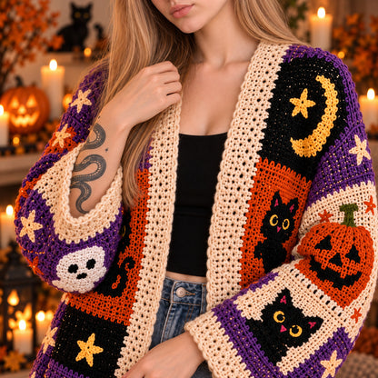 Halloween Crochet Patchwork Cardigan Pattern PDF – Spooky Cat, Ghost, Pumpkin & Witch Cardigan