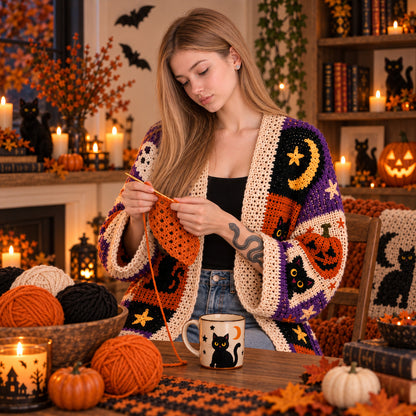 Halloween Crochet Patchwork Cardigan Pattern PDF – Spooky Cat, Ghost, Pumpkin & Witch Cardigan
